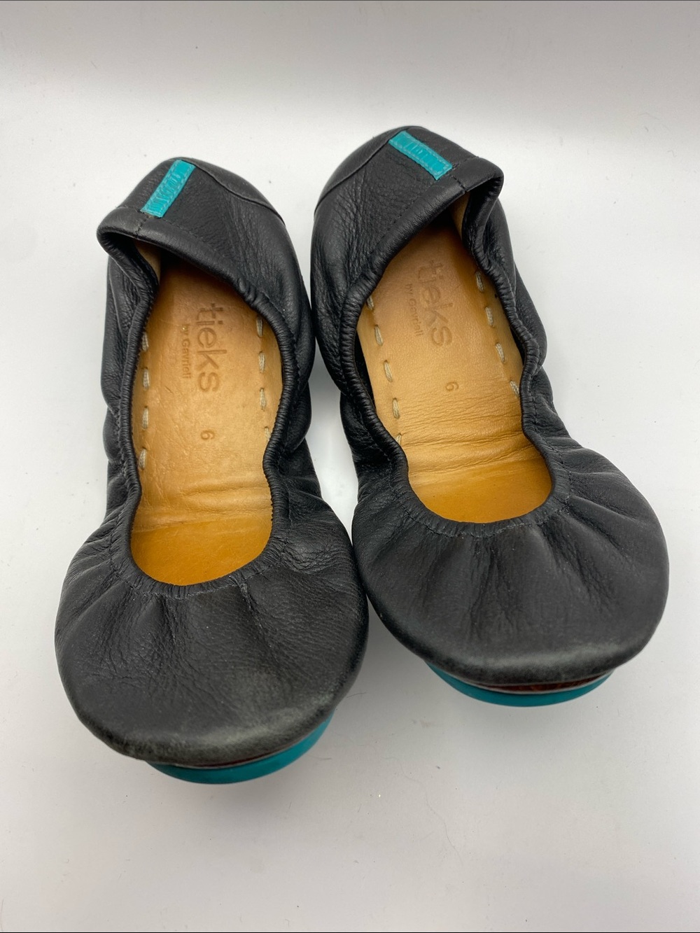 Tieks Black Leather Ballet Flats with Teal Tabs